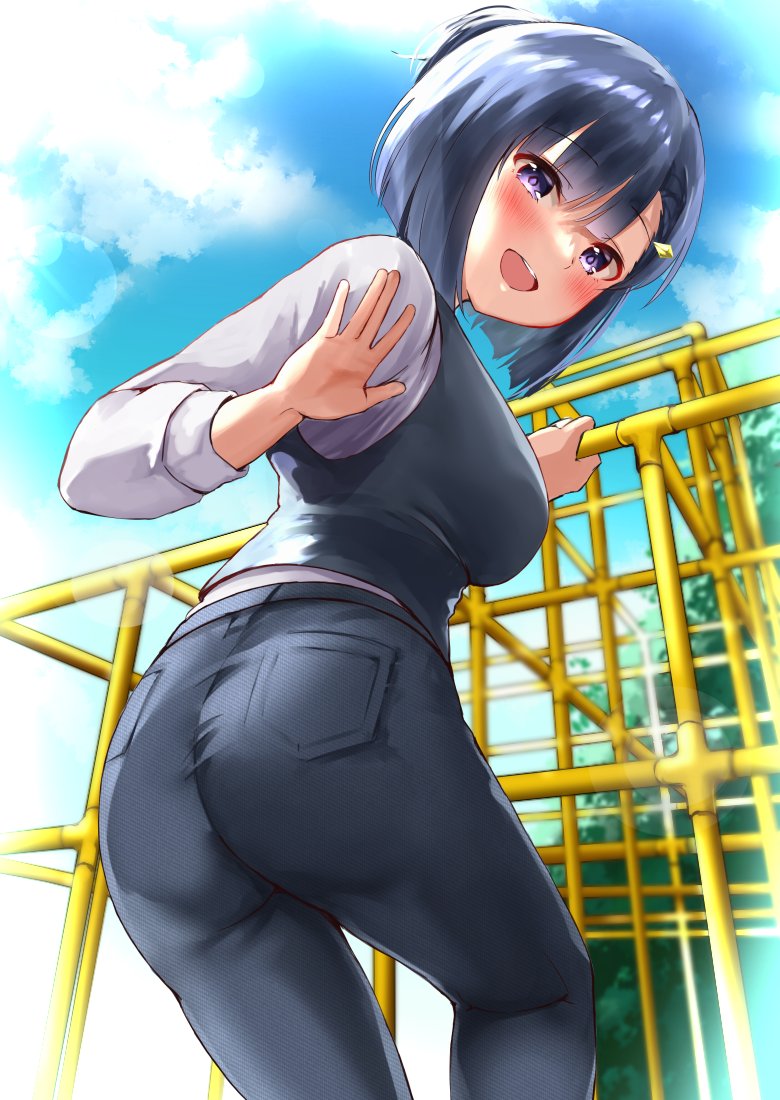 1girl, ass, bangs, black_hair, blue_pants, blush, bob_cut, breasts
