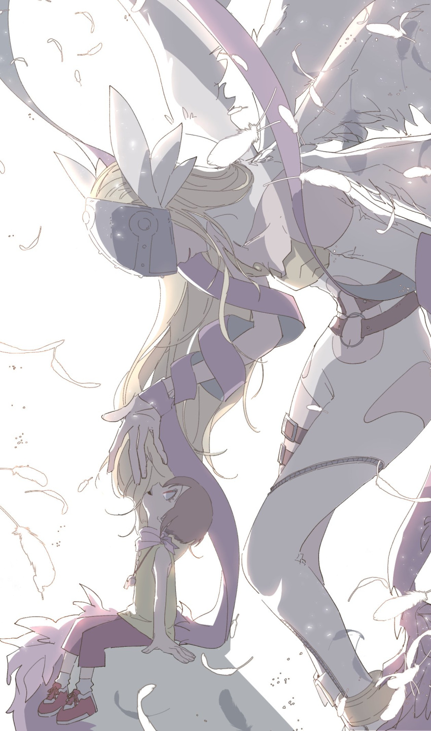 2girls, angel_wings, angewomon, bangs, belt, blonde_hair, breasts, brown_footwear, brown_hair, commentary_request, covered_eyes, digimon, digimon_(creature), digimon_adventure, du_(pal_di), facing_another, feathered_wings, feathers, feet_out_of_frame, from_side, head_wings, helmet, highres, jewelry, long_hair, looking_at_another, mask, multiple_girls, necklace, o-ring, pants, profile, shirt, shoes, short_hair, wings, yagami_hikari, yellow_shirt