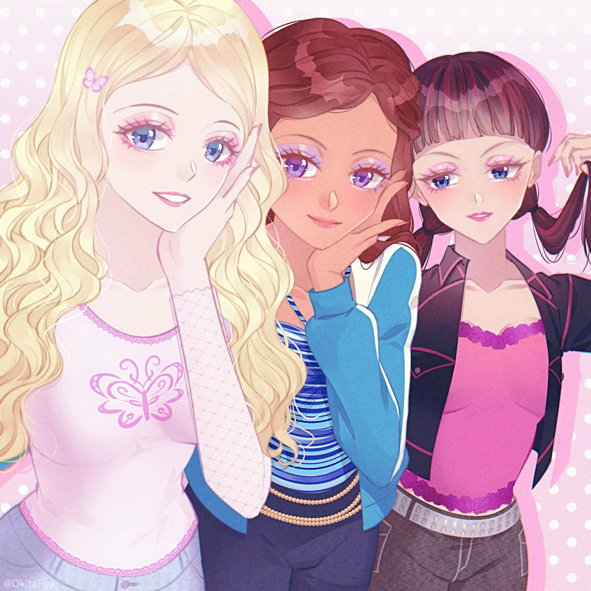 2000s_fashion, 3girls, bangs, barbie_(character), barbie_(franchise), barbie_movies, bead_belt, belt