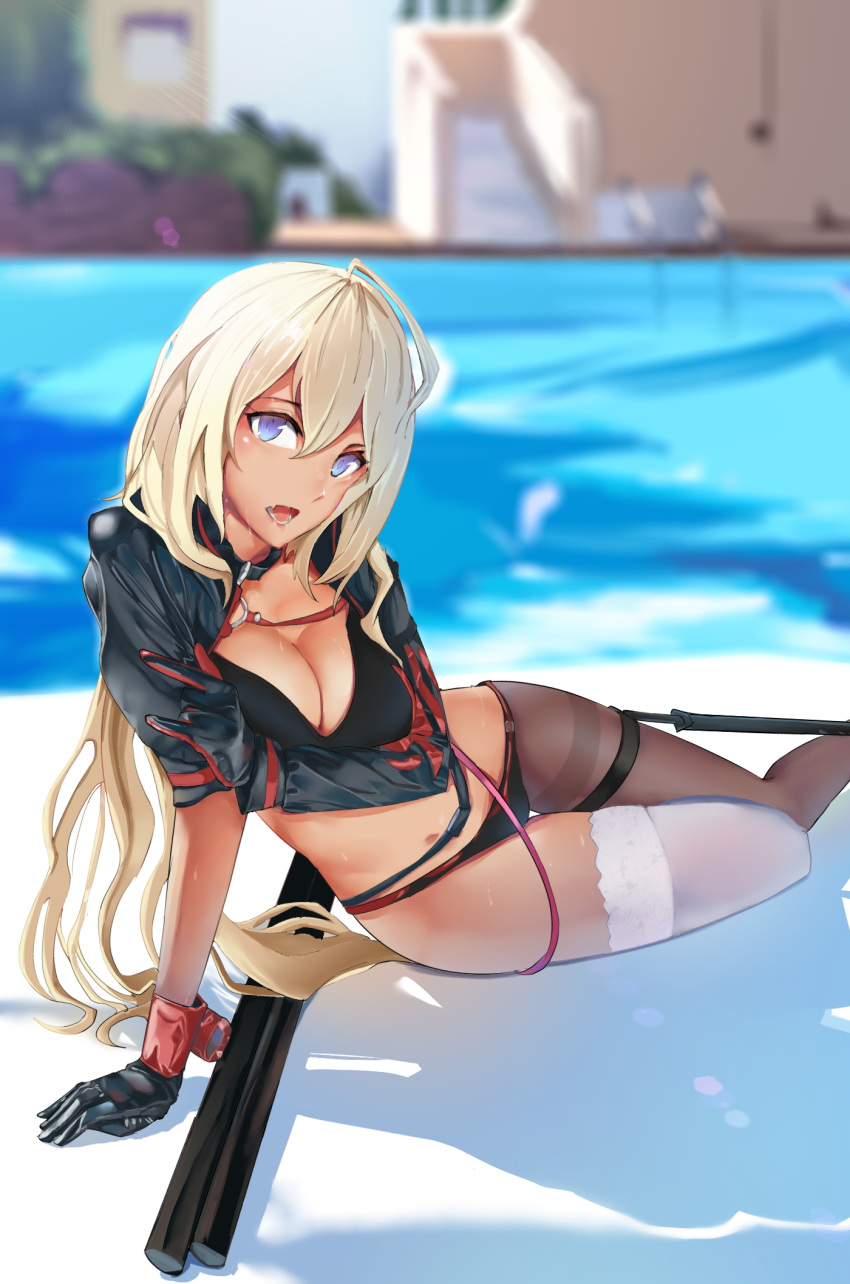 1girl, asuo, bikini, blonde_hair, blue_eyes, breasts, character_request, copyright_request