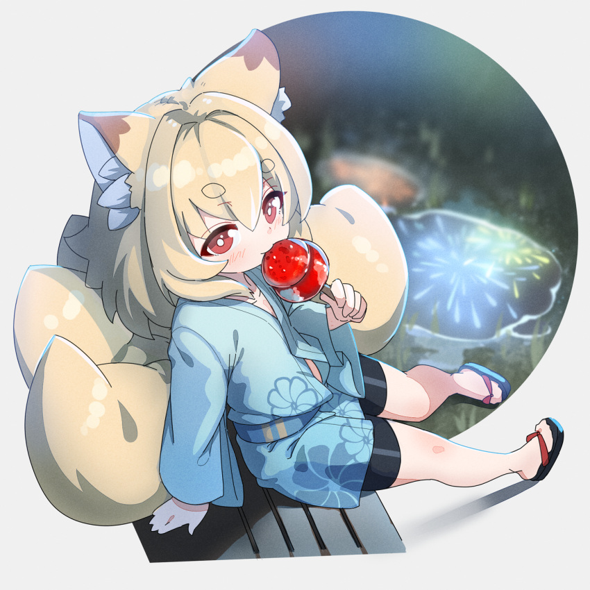 1girl, aerial_fireworks, animal_ear_fluff, animal_ears, arm_support, bangs, bike_shorts, black_footwear, black_shorts, blonde_hair, blue_kimono, blurry, blurry_background, blush, brown_eyes, candy_apple, commentary_request, depth_of_field, eating, eyebrows_visible_through_hair, fireworks, food, fox_ears, fox_girl, fox_tail, full_body, hair_between_eyes, highres, holding, holding_food, indie_virtual_youtuber, japanese_clothes, kamiya_ris, kimono, kitsune, kuro_kosyou, long_sleeves, puddle, reflection, short_eyebrows, short_shorts, shorts, solo, tail, thick_eyebrows, virtual_youtuber, water, wide_sleeves, zouri
