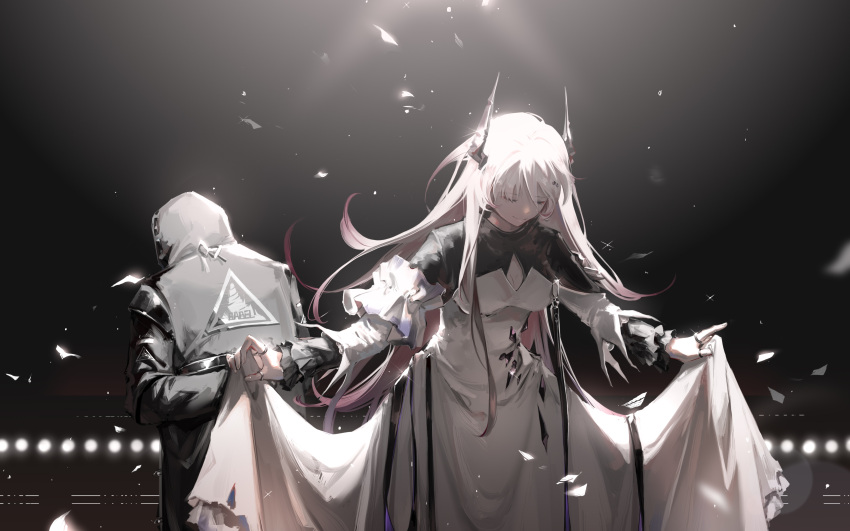 1girl, 1other, absurdres, arknights, babel_logo_(arknights), bangs, chinese_commentary, closed_eyes