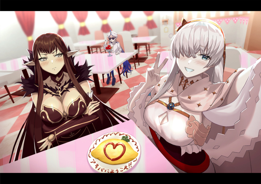 1boy, 2girls, anastasia_(fate), beppu_mitsunaka, breasts, brown_hair, cafe, cape