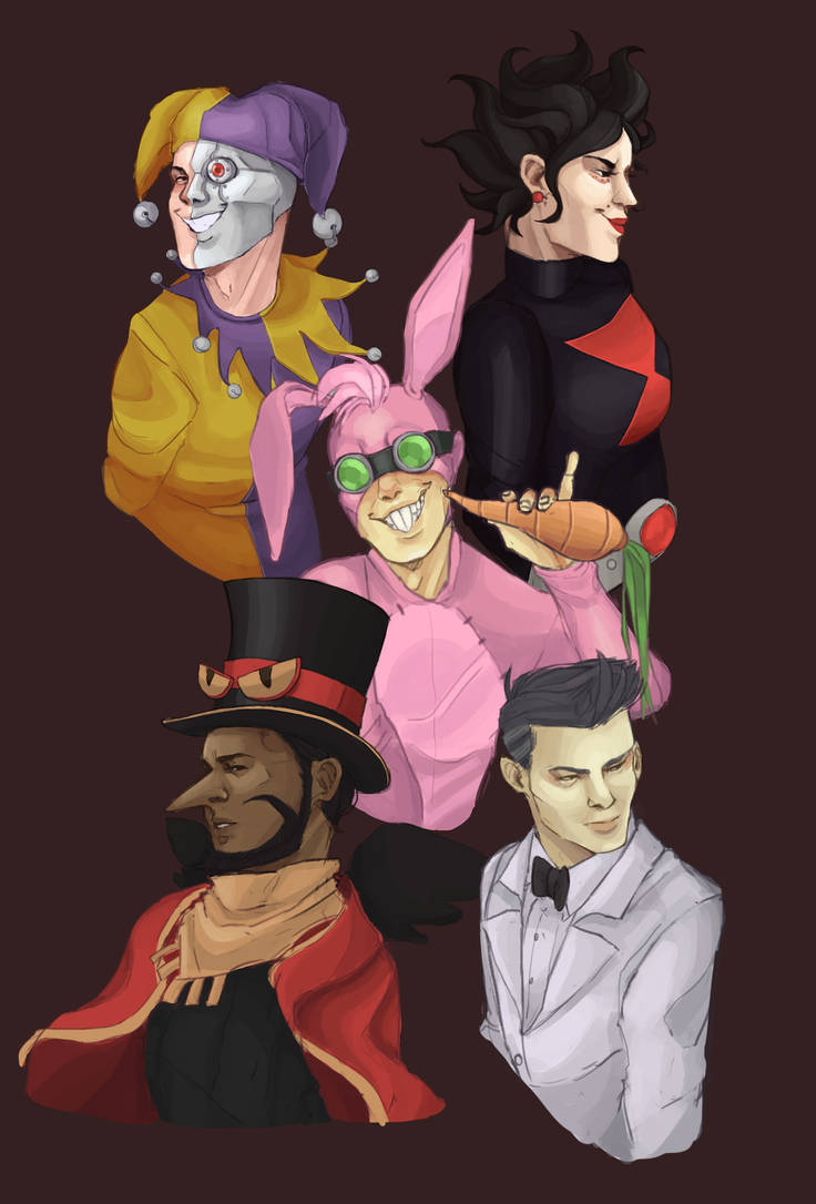 1girl, 4boys, animal_ears, animal_hood, artificial_eye, bags_under_eyes, beard, binary_bard