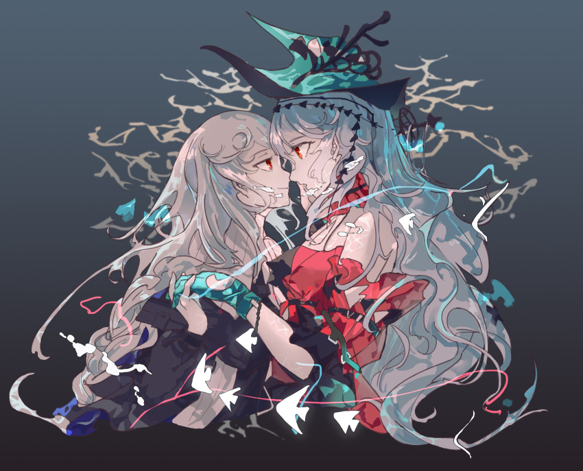 2girls, absurdres, aqua_gloves, aqua_headwear, arknights, black_dress, blush, braid, commentary, cropped_torso, dress, eden_(shengaoneng), gloves, grey_background, hand_on_another's_face, highres, holding_hands, long_hair, long_sleeves, looking_at_another, multiple_girls, off-shoulder_dress, off_shoulder, parted_lips, red_dress, red_eyes, silver_hair, single_braid, skadi_(arknights), skadi_the_corrupting_heart_(arknights), smile, specter_(arknights), upper_body, very_long_hair, yuri