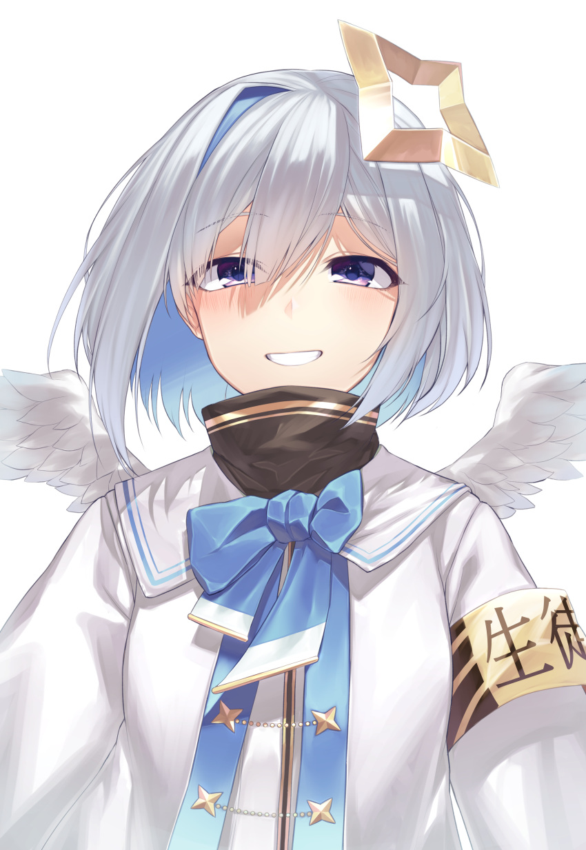 1girl, absurdres, amane_kanata, angel, angel_wings, armband, asymmetrical_bangs, asymmetrical_hair