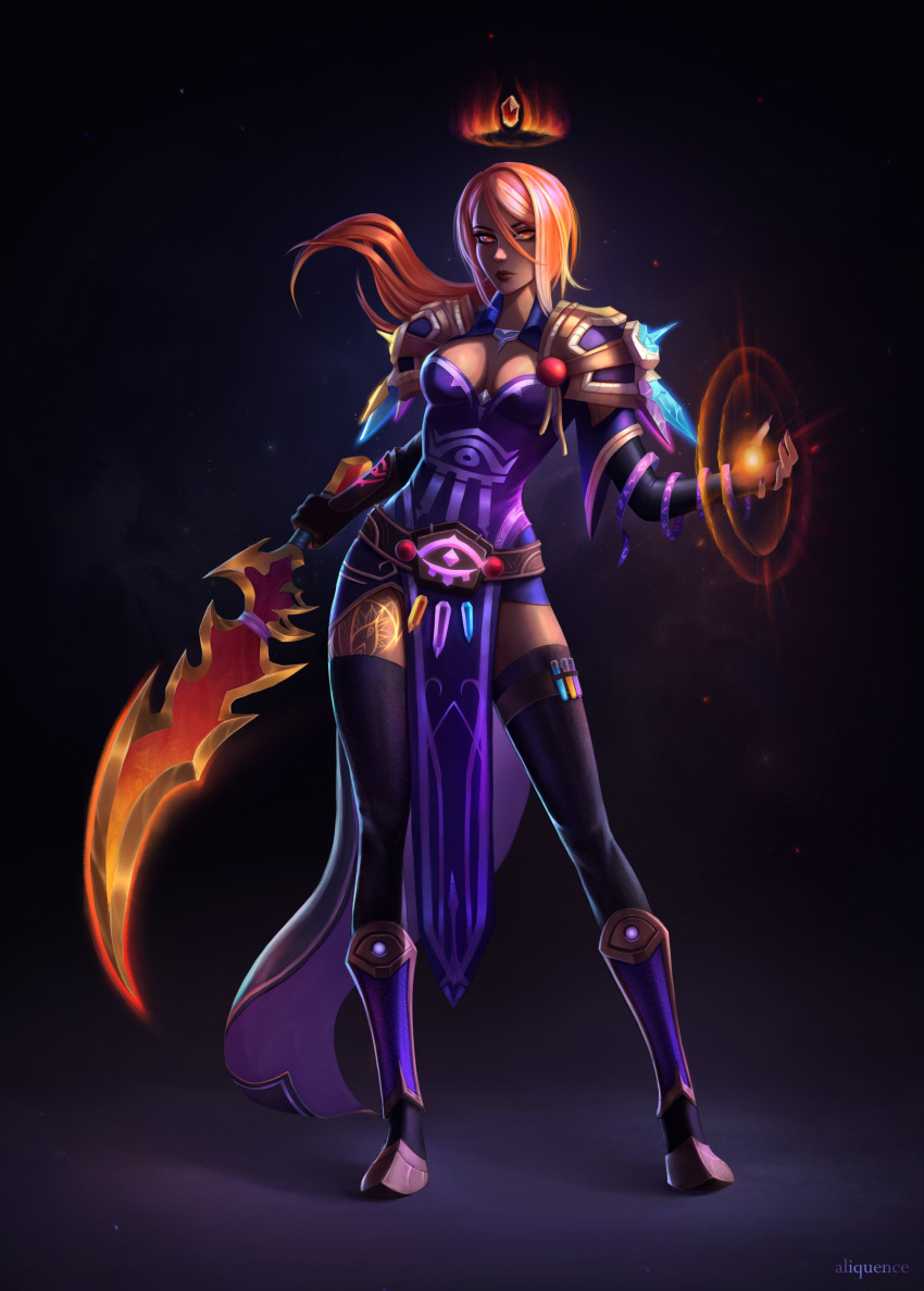 1girl, absurdres, alisa_nilsen, armor, artist_name, belt, black_legwear, breasts, closed_mouth, commentary, contrapposto, crown, floating_hair, full_body, hair_between_eyes, hand_up, highres, holding, holding_sword, holding_weapon, human_(warcraft), large_breasts, lixena_southbrook, looking_at_viewer, orange_eyes, orange_hair, pauldrons, pelvic_curtain, shoulder_armor, solo, sword, tabard, thigh-highs, warcraft, weapon, world_of_warcraft