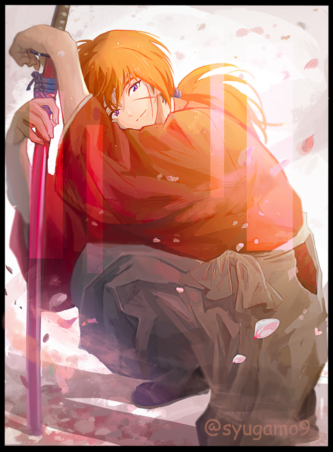 1boy, blue_eyes, cherry_blossoms, closed_mouth, crossed_arms, grey_hakama, hakama, himura_kenshin