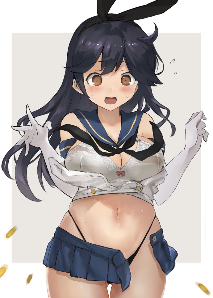 1girl, ahoge, black_hair, black_hairband, black_neckwear, black_panties, blue_sailor_collar, blue_skirt