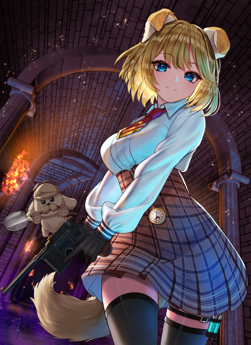 1girl, absurdres, animal_ears, bangs, black_legwear, blonde_hair, blue_eyes, breasts