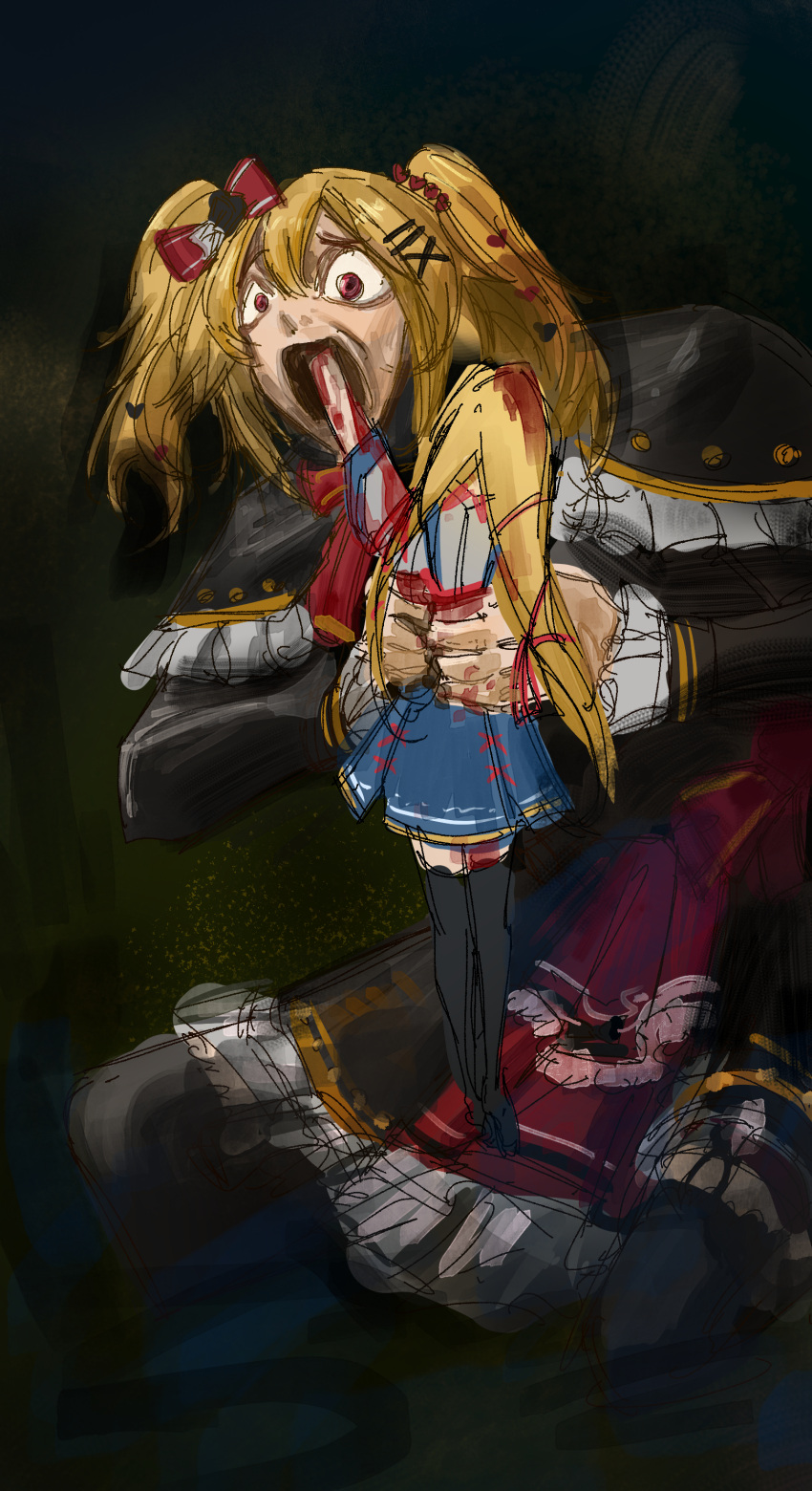 2girls, absurdres, akai_haato, blonde_hair, blood, character_request, check_character, fine_art_parody