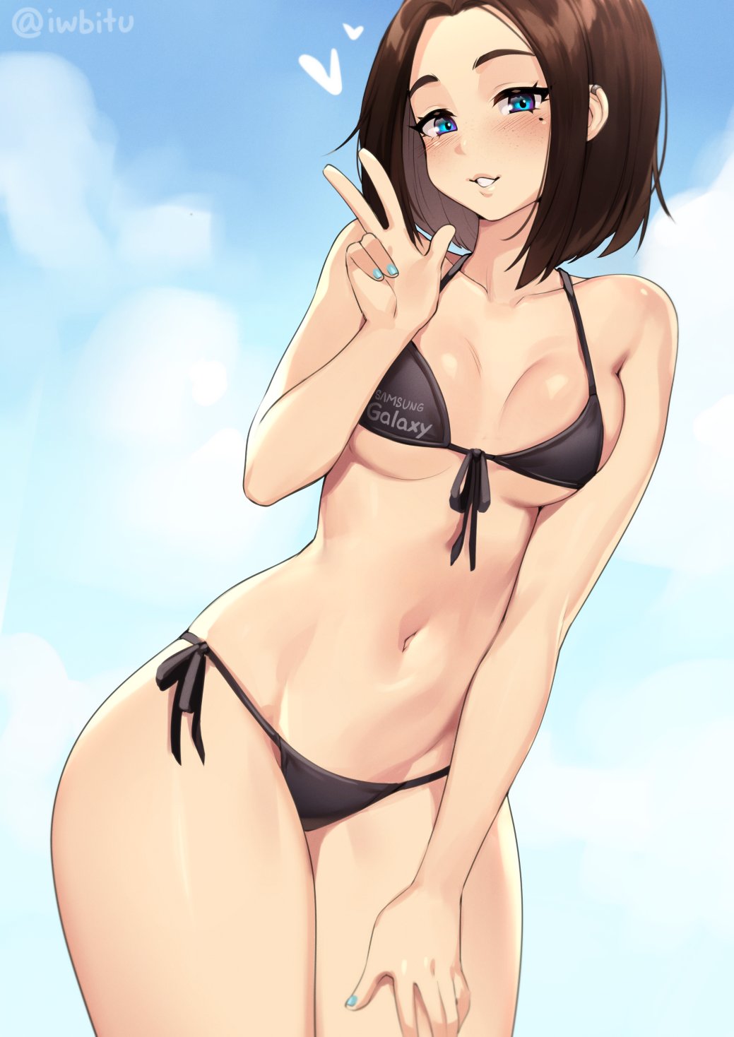 1girl, bare_arms, bare_shoulders, bikini, black_bikini, blue_eyes, blue_nails, blush