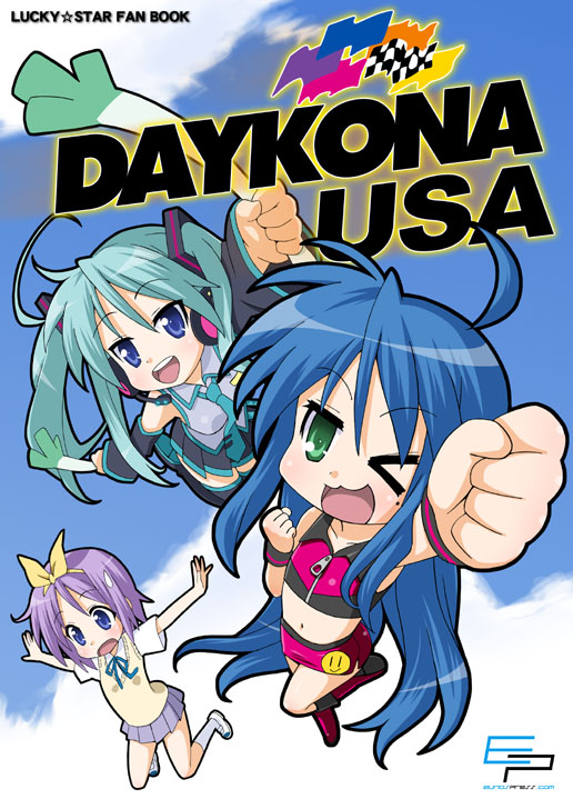 3girls, ahoge, bare_shoulders, black_legwear, blue_eyes, blue_hair, boots, cosplay, daytona_usa, detached_sleeves, eunos, foreshortening, green_eyes, green_hair, hatsune_miku, hatsune_miku_(cosplay), hiiragi_kagami, hiiragi_tsukasa, izumi_konata, k-on!, long_hair, lucky_star, midriff, multiple_girls, navel, parody, pleated_skirt, pun, purple_hair, race_queen, racequeen, school_uniform, short_hair, skirt, smile, spring_onion, tareme, thigh-highs, thighhighs, tsurime, twintails, very_long_hair, vocaloid, wink, zettai_ryouiki