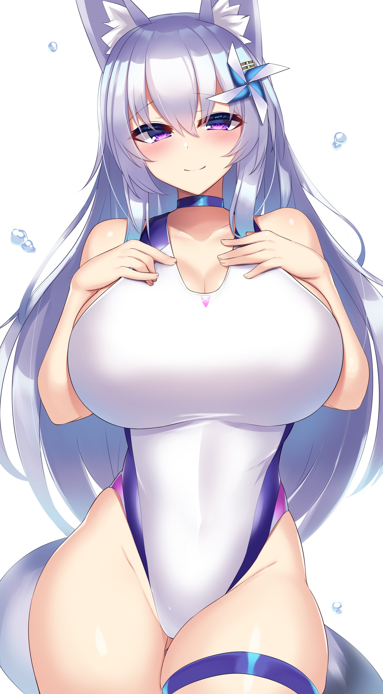 1girl, animal_ears, blue_swimsuit, breasts, competition_swimsuit, covered_navel, cowboy_shot, fox_ears