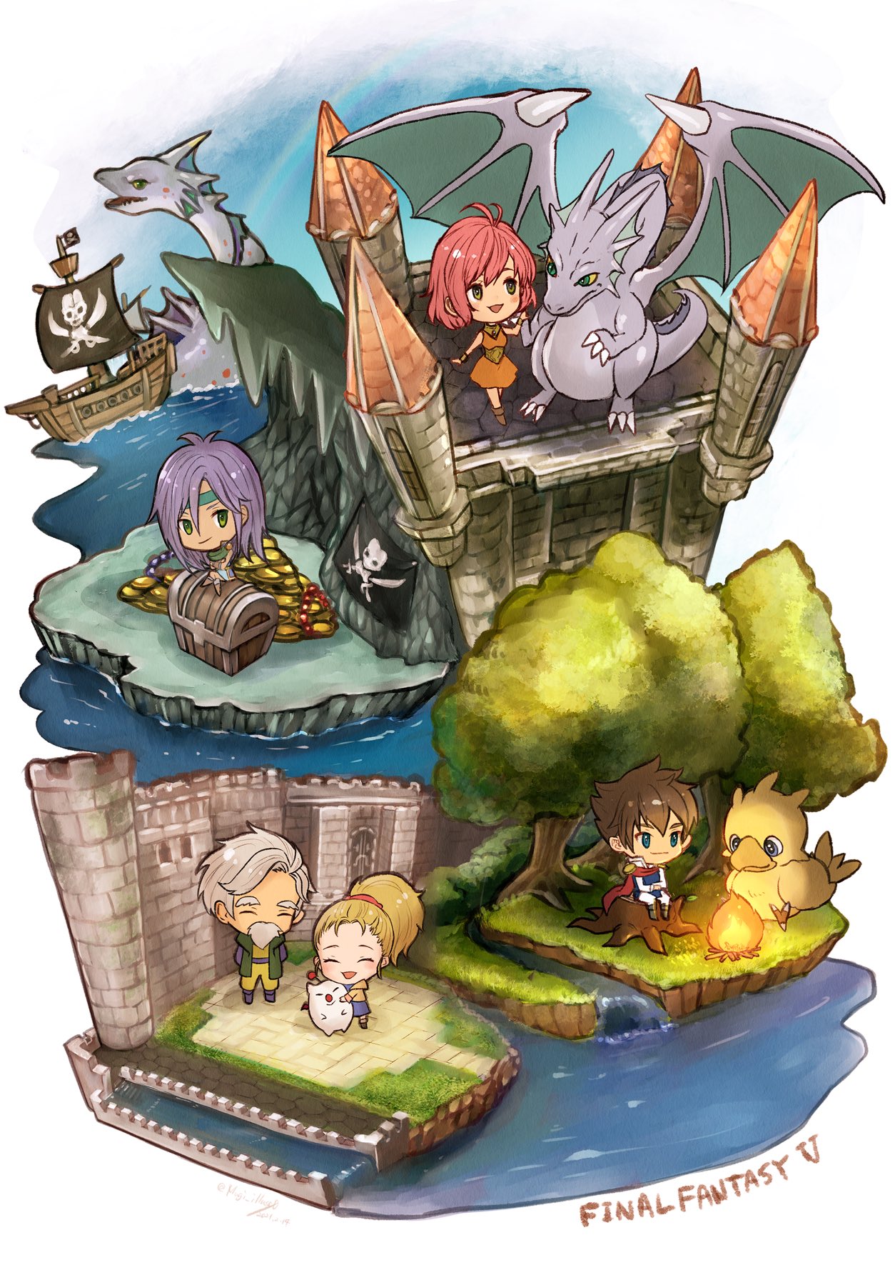 2boys, 3girls, boco, butz_klauser, campfire, castle, chocobo, copyright_name, dragon, faris_scherwiz, final_fantasy, final_fantasy_v, forest, galuf_halm_baldesion, highres, hiryuu_(ff5), komugiko_no_mori, krile_mayer_baldesion, lenna_charlotte_tycoon, moogle, multiple_boys, multiple_girls, nature, ocean, pirate, pirate_ship, syldra, tree
