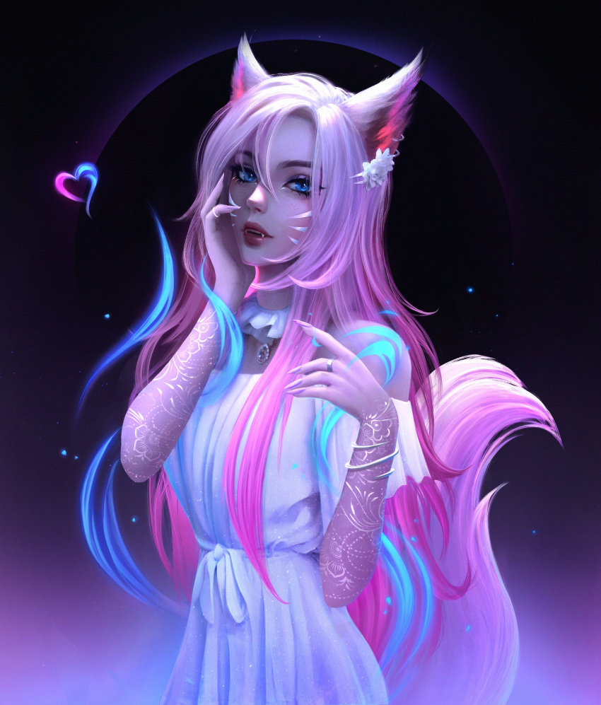 1girl, absurdres, ahri, alisa_nilsen, animal_ears, blue_eyes, bracelet, character_request, cowboy_shot, dress, eyeshadow, fangs, fingernails, flower, fox_ears, fox_tail, hair_flower, hair_ornament, hand_on_own_cheek, hand_on_own_face, hand_up, heart, highres, jewelry, league_of_legends, lipstick, long_hair, looking_at_viewer, makeup, nail_polish, parted_lips, pink_hair, pink_nails, red_lips, ribbon, ring, rose, solo, standing, tail, whisker_markings, white_dress, white_flower, white_ribbon, white_rose