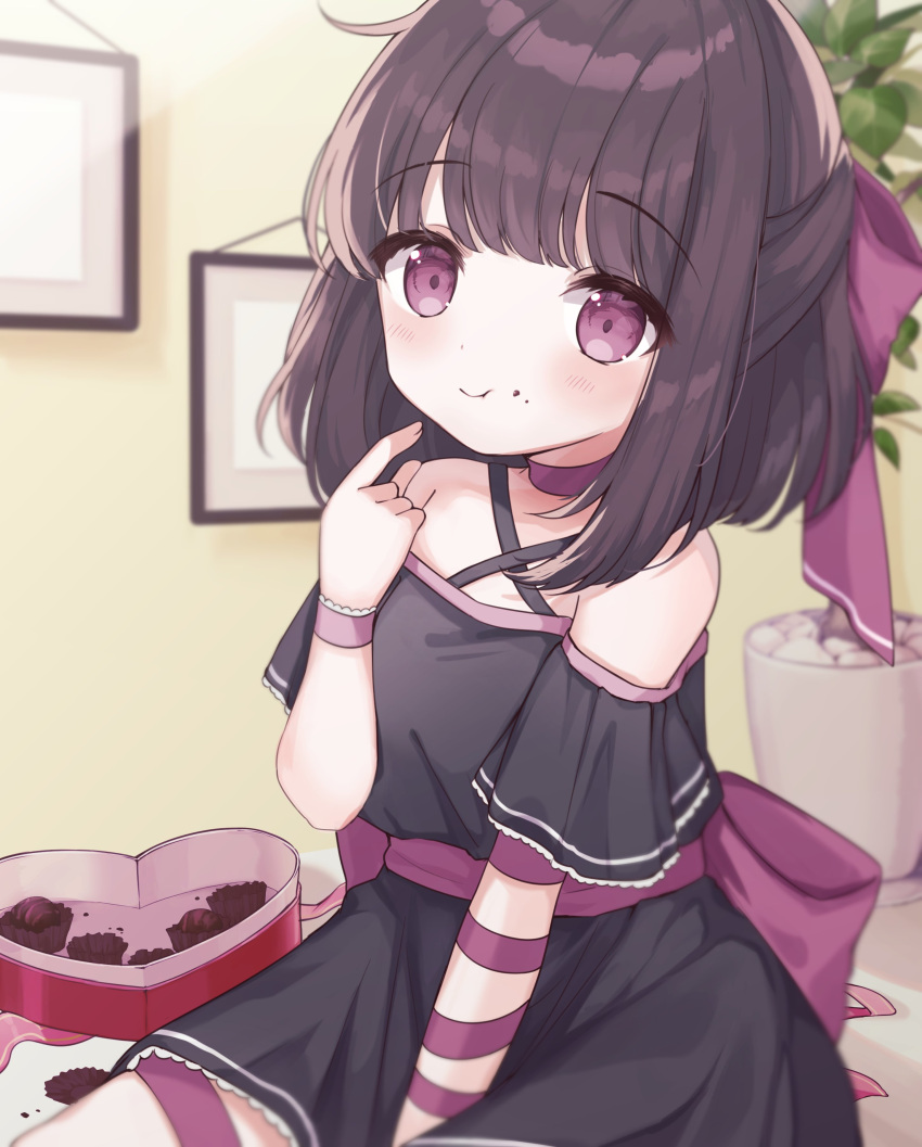 1girl, absurdres, arm_ribbon, between_legs, black_dress, black_hair, bow, box