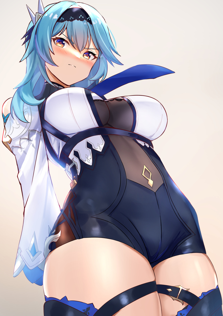 1girl, absurdres, arms_behind_back, art_itou, bangs, beige_background, black_hairband, blue_footwear