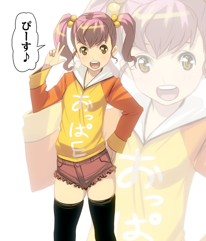 denim, denim_shorts, hair_bobbles, hair_ornament, hand_on_hip, ishida_to_asakura, masao, open_mouth