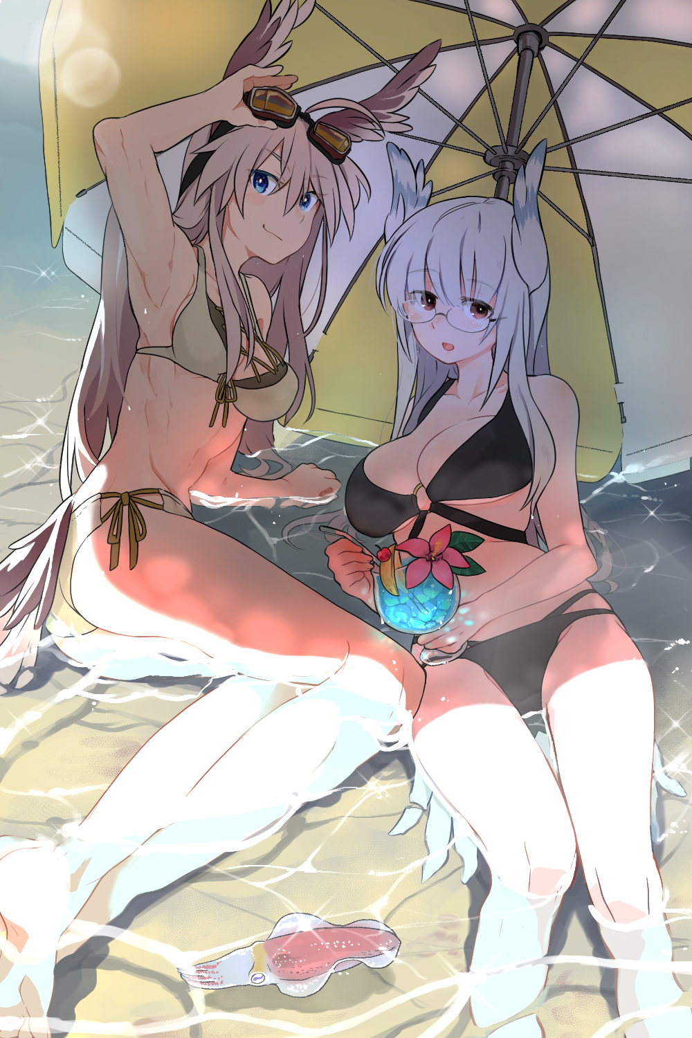 2girls, ahoge, armpits, beach_umbrella, bikini, bird_tail, black_bikini, blush
