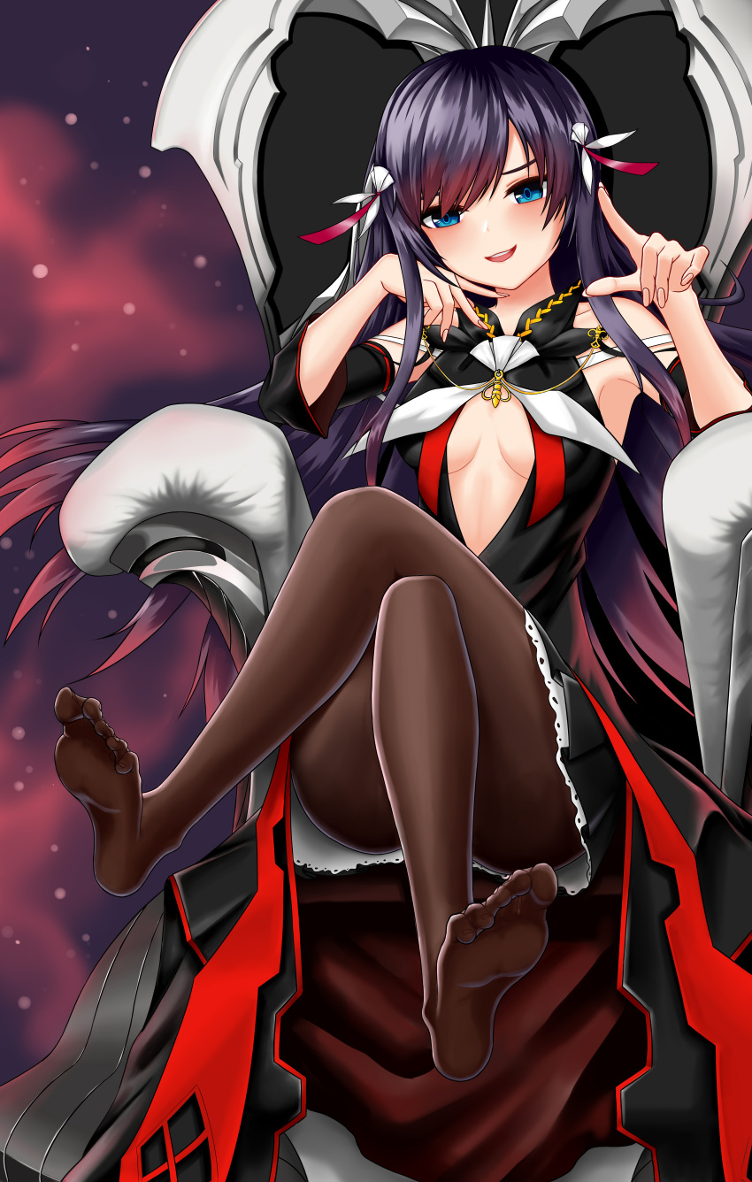 1girl, absurdres, armpits, ass, bare_shoulders, black_dress, black_hair, black_skirt, blue_eyes, breasts, casajang, center_opening, convenient_leg, counter_side, crossed_legs, detached_sleeves, dress, feet, gradient_hair, hair_ornament, highres, huge_filesize, index_finger_raised, long_dress, long_hair, looking_at_viewer, miniskirt, multicolored_hair, no_bra, no_shoes, open_mouth, pantyhose, pleated_skirt, rosaria_(counter_side), sitting, skirt, small_breasts, smile, smirk, solo, throne, toes, very_long_hair