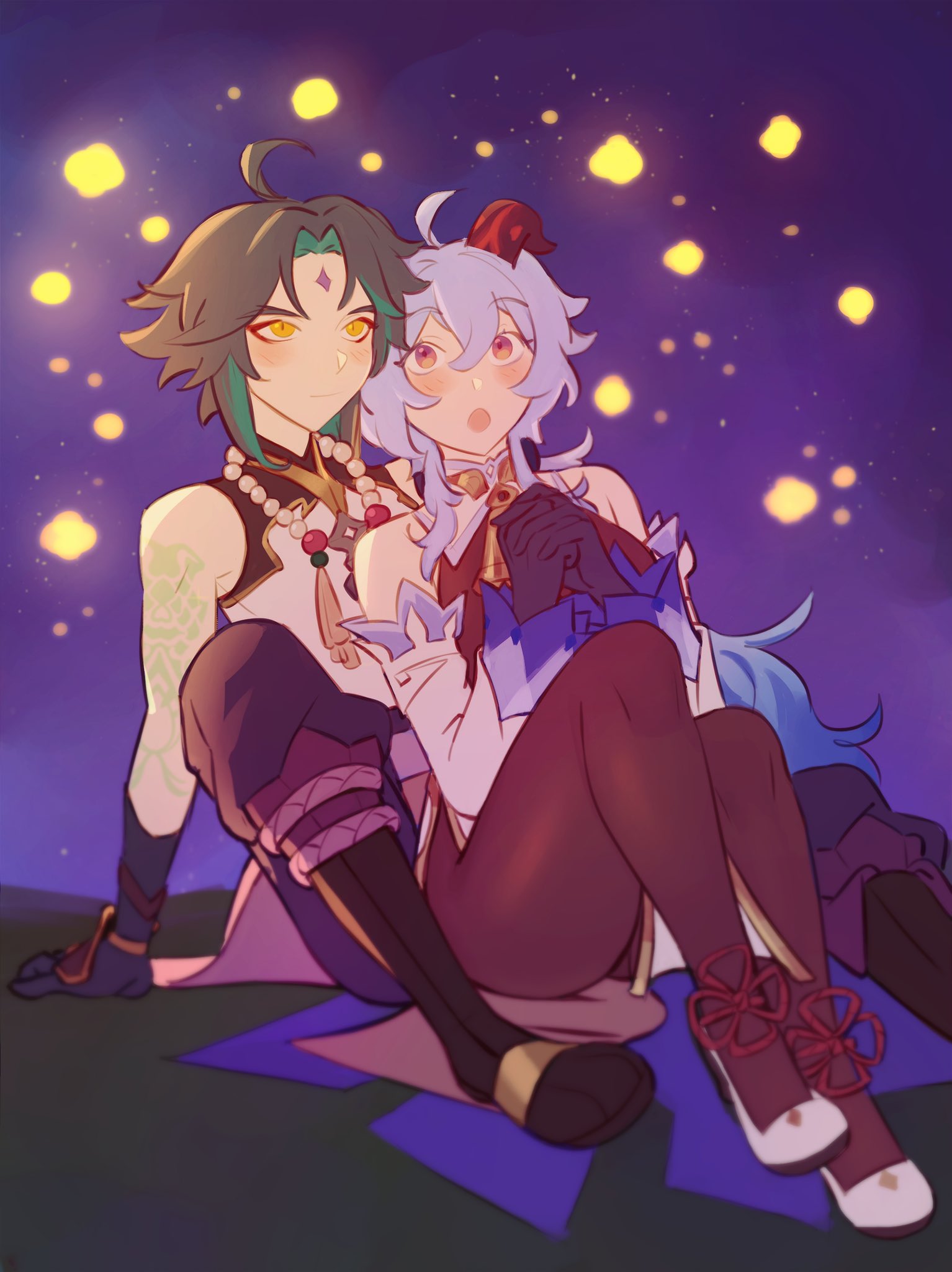 1boy, 1girl, ahoge, arm_tattoo, bangs, bare_shoulders, bead_necklace, beads
