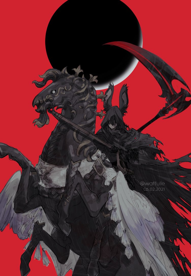 1boy, animal_ears, armor, artist_name, cloak, dated, eclipse, final_fantasy, final_fantasy_xiv, hood, hooded_cloak, horse, moon, rabbit_ears, reaper_(final_fantasy), red_background, riding, saddle, scythe, twitter_username, viera, waffulle