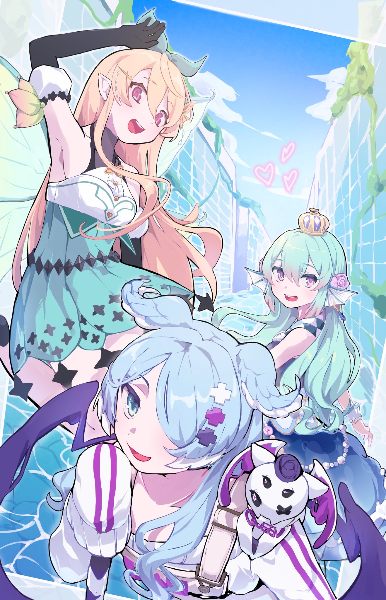 3girls, animal_ears, animal_on_shoulder, bangs, blonde_hair, blue_eyes, blue_hair, crown