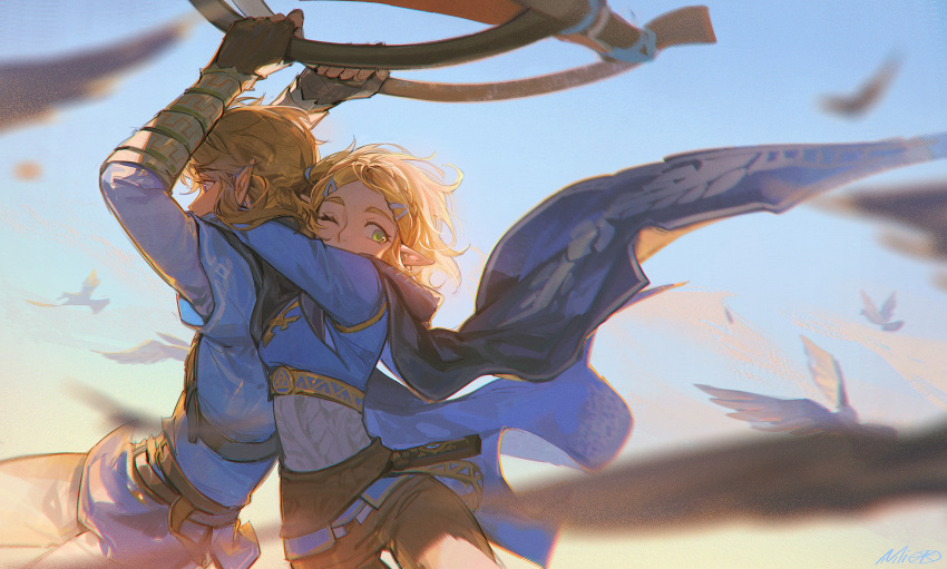 1boy, 1girl, aircraft, alzi_xiaomi, arms_up, belt, bird, black_cape