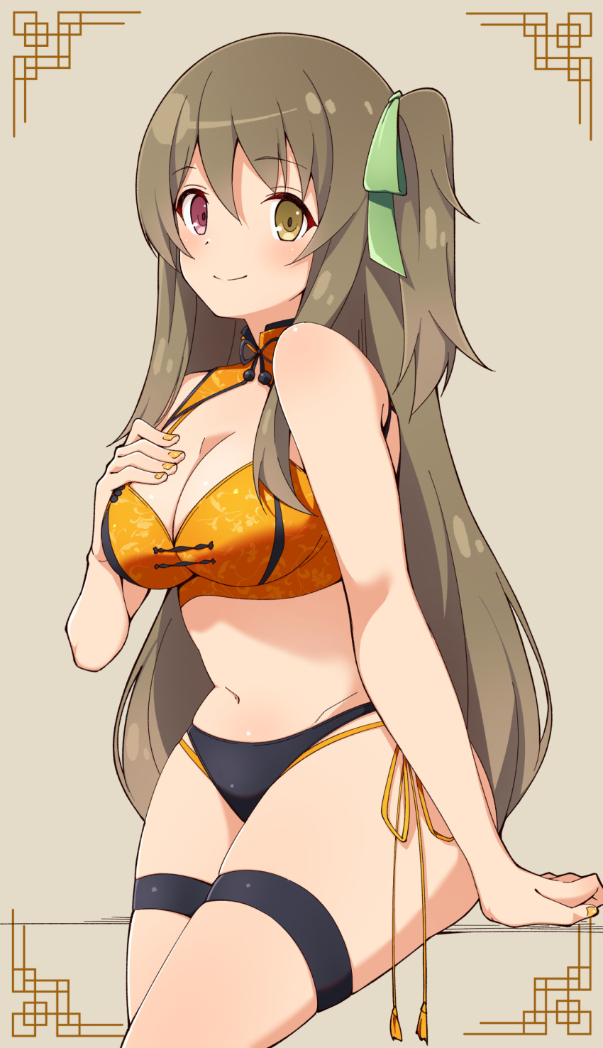 assault_lily, bikini, brown_hair, hair_ribbon, hand_on_own_chest, heterochromia, highres, kuo_shenlin