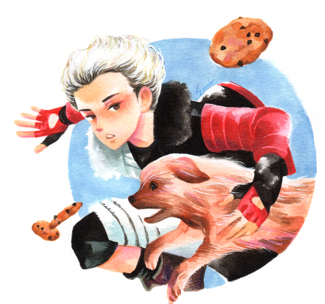 1boy, black_hair, boots, brown_eyes, brown_footwear, carlos_(descendants), collared_jacket, color_ink_(medium), cookie, descendants, disney, dog, fingerless_gloves, fluff, food, gloves, ichi-ran-ka, jacket, multicolored_hair, pants, red_sleeves, running, traditional_media, two-tone_hair, two-tone_jacket, watercolor_(medium), white_hair, white_pants