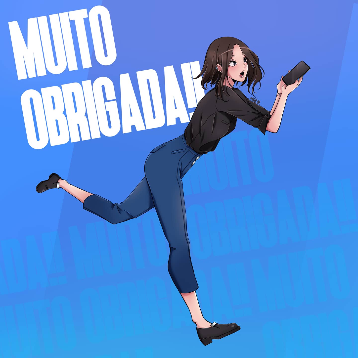 1girl, black_footwear, black_shirt, blue_background, blue_pants, blush, commentary_request, ear_piercing