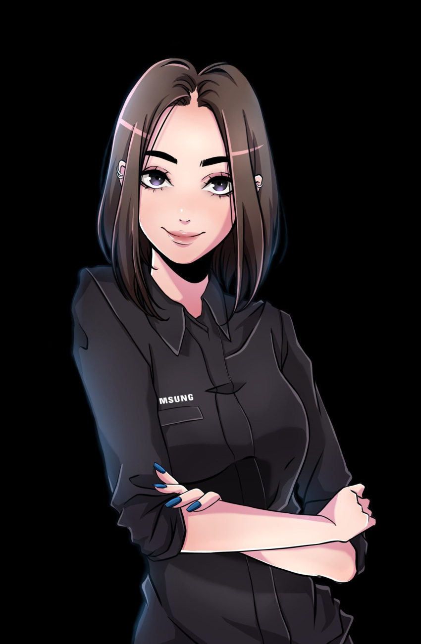 1girl, black_background, black_eyes, black_shirt, blue_nails, collared_shirt, commentary_request, crossed_arms
