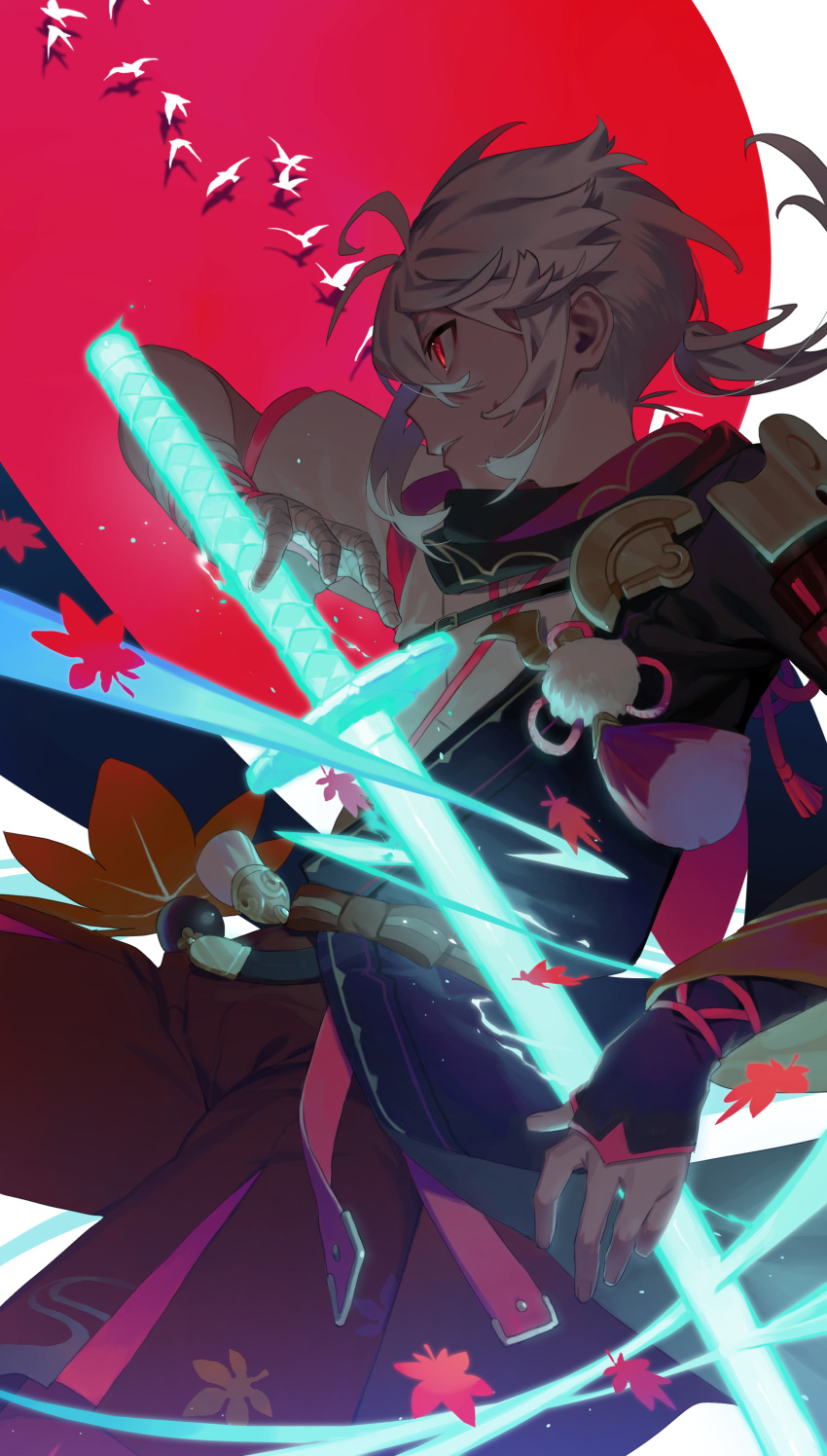 1boy, absurdres, ahoge, animal, asymmetrical_sleeves, aura, bandaged_hand, bandages