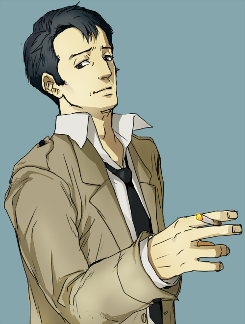 1boy, black_eyes, black_hair, black_neckwear, brown_jacket, cigarette, devil_summoner, hamu_(wt-bix)