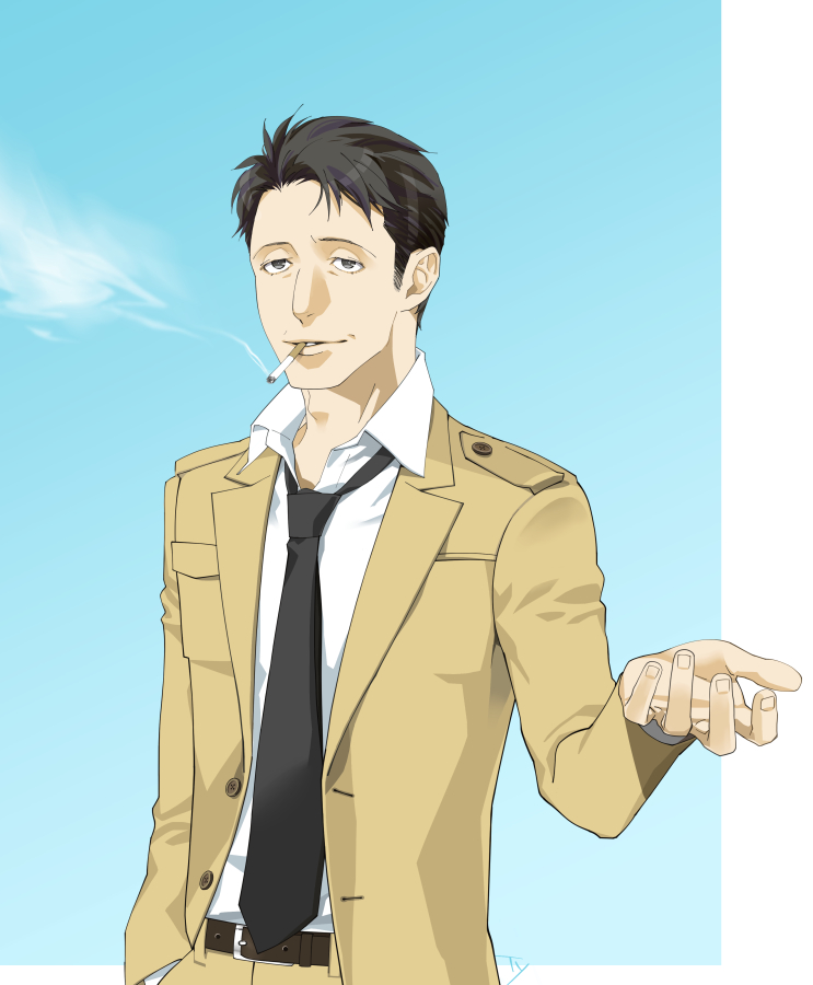 1boy, black_hair, black_neckwear, blue_background, cigarette, devil_summoner, jacket, long_sleeves