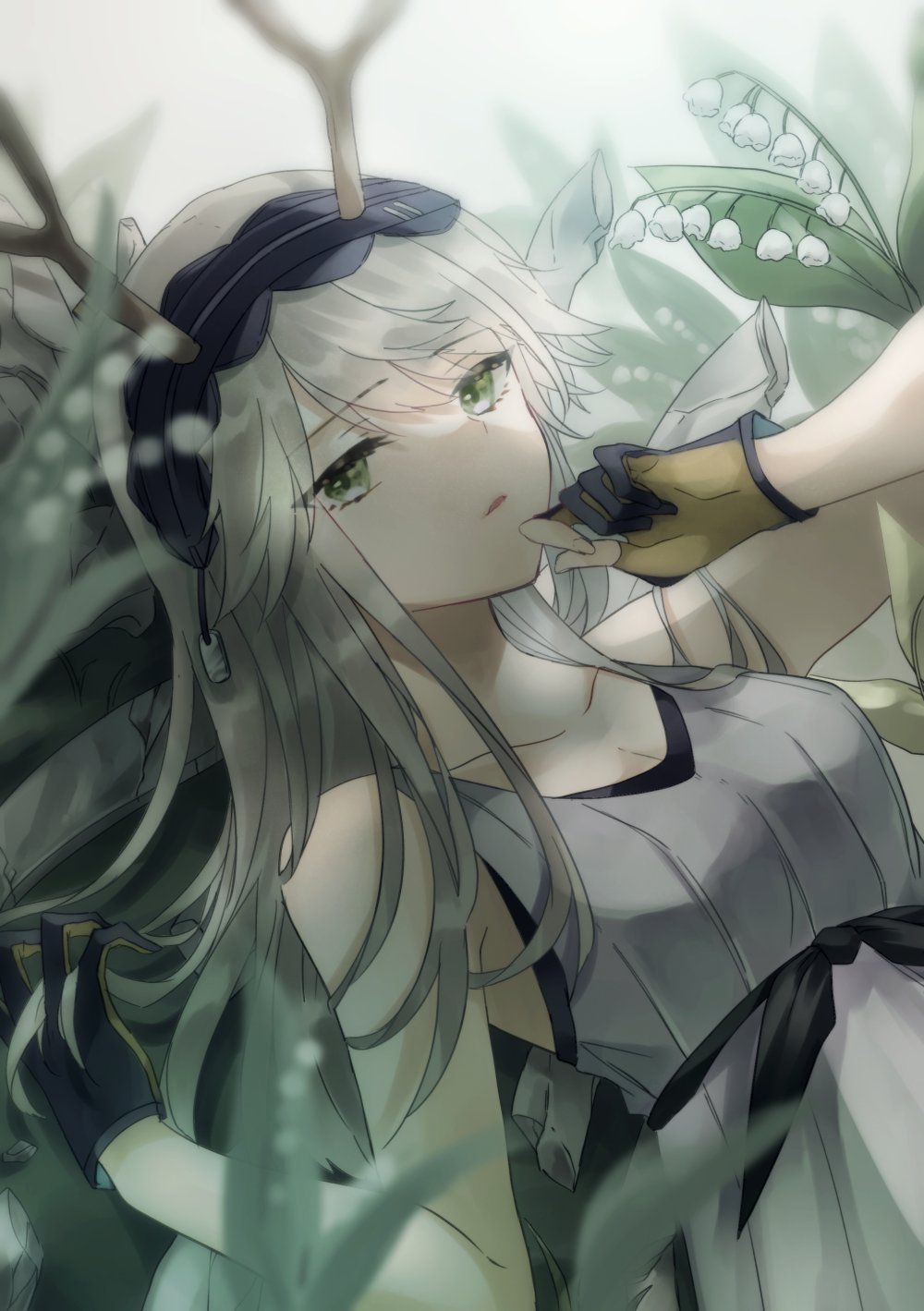 1girl, arknights, black_gloves, black_hairband, dress, firewatch_(wilted_cypress)_(arknights), flower, gloves