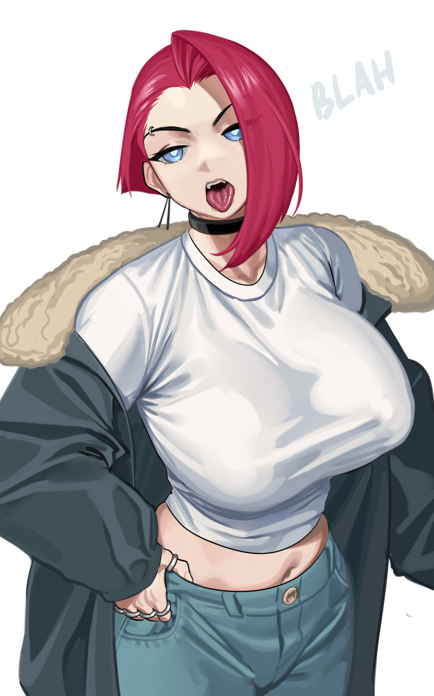 1girl, absurdres, black_choker, black_coat, blue_eyes, blue_pants, breasts, bright_pupils
