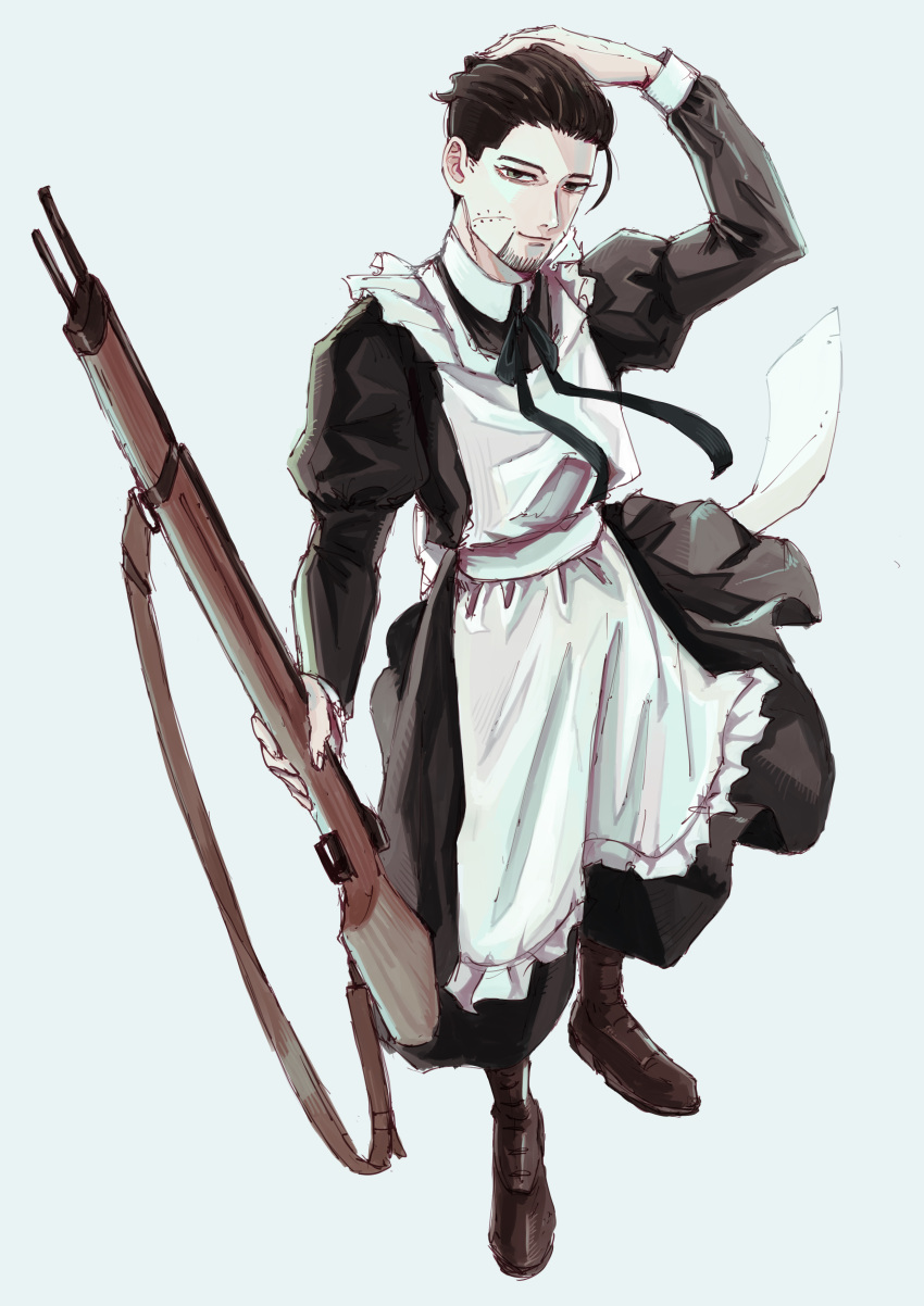 1boy, absurdres, alternate_costume, black_eyes, black_hair, enmaided, golden_kamuy, gun, hair_slicked_back, highres, juliet_sleeves, long_sleeves, maid, ogata_hyakunosuke, po_o_o_u_o_oq, puffy_sleeves, rifle, scar, scar_on_cheek, scar_on_face, simple_background, solo, standing, weapon, white_background