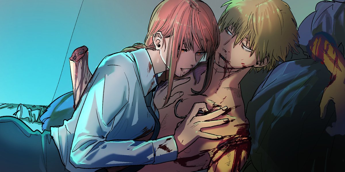 1boy, 1girl, bangs, bithmath, black_neckwear, blonde_hair, blood, bloody_clothes