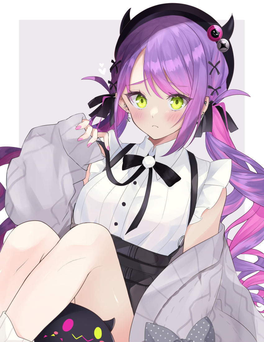 1girl, absurdres, aran_sweater, bangs, bibi_(tokoyami_towa), black_ribbon, black_skirt, blush, buttons, colored_inner_hair, cowboy_shot, demon_girl, ear_piercing, embarrassed, frilled_sleeves, frills, frown, green_eyes, high-waist_skirt, highres, hololive, long_hair, looking_at_viewer, multicolored_hair, nail_polish, neck_ribbon, piercing, pink_hair, pink_nails, purple_hair, removing_neckwear, ren_kizaka_0403, ribbon, shirt, short_sleeves, sidelocks, simple_background, sitting, skirt, solo, streaked_hair, suspender_skirt, suspenders, sweater, swept_bangs, tokoyami_towa, twintails, untying, virtual_youtuber, wavy_hair, white_background, white_shirt