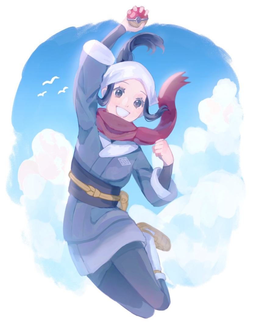 1girl, arm_up, bird, black_hair, blush, clenched_hand, clouds, commentary, day, eyelashes, female_protagonist_(pokemon_legends:_arceus), floating_hair, floating_scarf, full_body, grey_eyes, grey_legwear, grin, hand_up, head_scarf, highres, holding, holding_poke_ball, kuraftii, outdoors, poke_ball, poke_ball_(legends), pokemon, pokemon_(game), pokemon_legends:_arceus, ponytail, red_scarf, sash, scarf, sidelocks, sky, smile, socks, solo, white_headwear