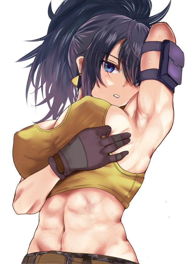 1girl, abs, ammunition_pouch, araimooah, armlet, armpits, bare_shoulders, belt
