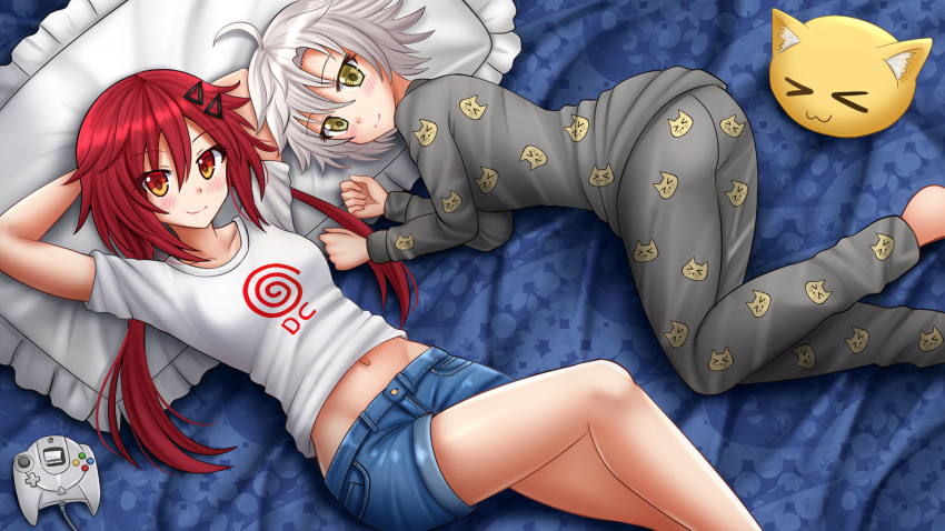 2girls, ahoge, arms_behind_head, arms_up, bangs, barefoot, bed_sheet, blue_shorts