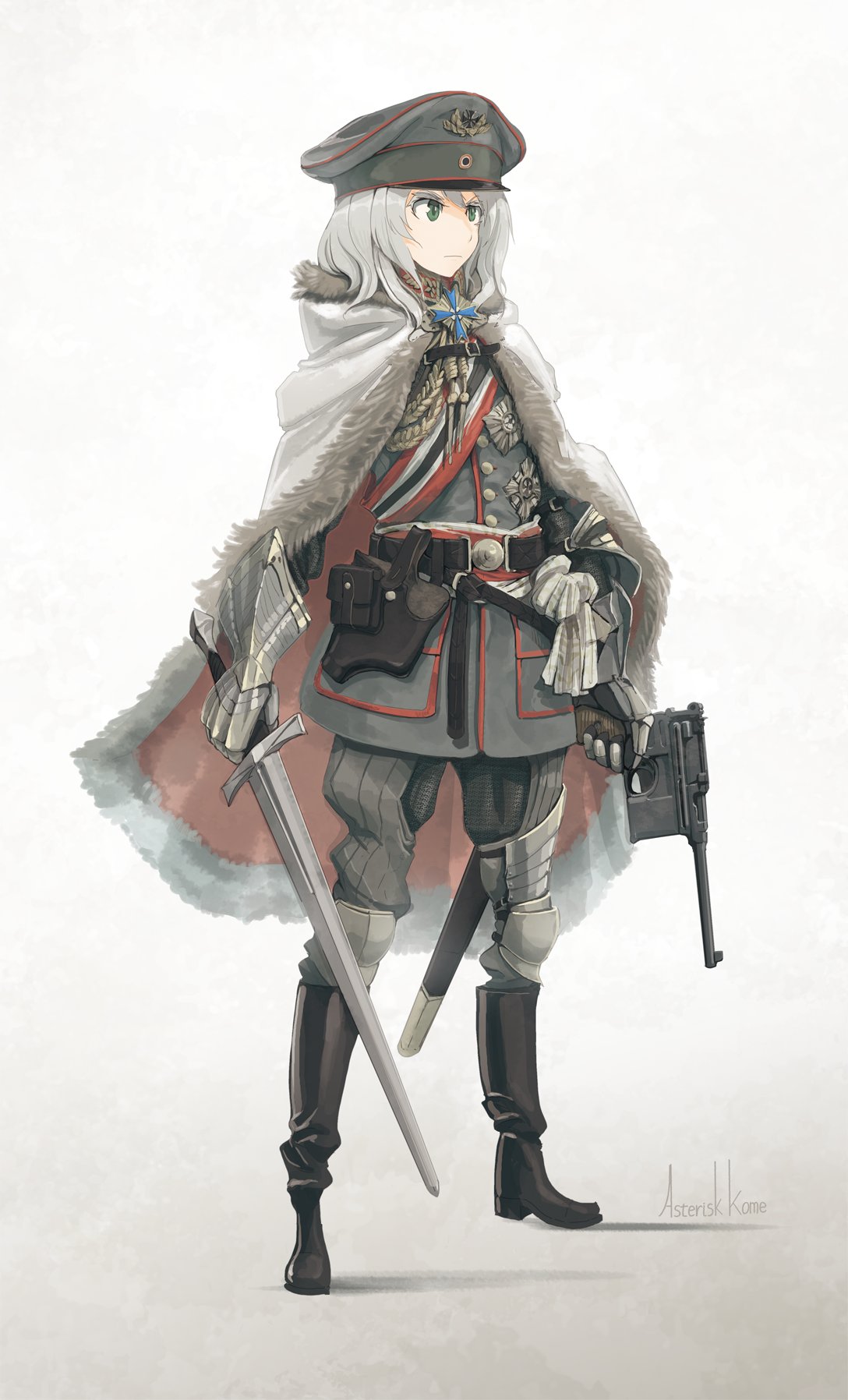 1girl, artist_name, asterisk_kome, bangs, belt, black_belt, black_footwear, boots, cape, cloak, closed_mouth, commentary, cuisses, dual_wielding, frown, full_body, fur-trimmed_cape, fur_trim, gauntlets, gloves, gradient, gradient_background, greaves, green_eyes, grey_background, grey_gloves, grey_hair, grey_headwear, grey_jacket, grey_pants, gun, hat, highres, holding, holding_gun, holding_sword, holding_weapon, holster, hood, hood_down, hooded_cape, insignia, jacket, knee_boots, looking_to_the_side, medal, medium_hair, military, military_hat, military_uniform, original, pants, peaked_cap, poleyn, sash, scabbard, sheath, signature, soldier, solo, standing, sword, uniform, weapon, white_background, white_cape, white_cloak