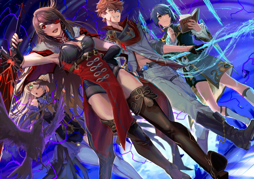 2boys, 2girls, bangs, beidou_(genshin_impact), bird, blonde_hair, blue_eyes, blue_hair, book, boots, brown_hair, capelet, chinese_clothes, dutch_angle, eyepatch, fischl_(genshin_impact), genshin_impact, gloves, green_eyes, grin, hair_ornament, hair_over_one_eye, hair_stick, hairpin, hand_on_hip, high_heel_boots, high_heels, holding, holding_book, holding_sword, holding_weapon, jewelry, knee_boots, moon, multiple_boys, multiple_girls, one_eye_closed, one_eye_covered, open_mouth, pants, pelvic_curtain, petraii, red_capelet, red_eyepatch, red_eyes, single_earring, single_glove, single_leg_pantyhose, smile, sword, tartaglia_(genshin_impact), thigh-highs, thighs, weapon, white_pants, xingqiu_(genshin_impact)