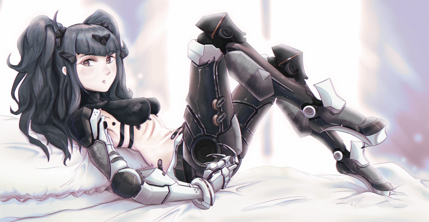 1girl, bed, bed_sheet, black_hair, breasts, cyborg, girls_frontline, haonfest_art