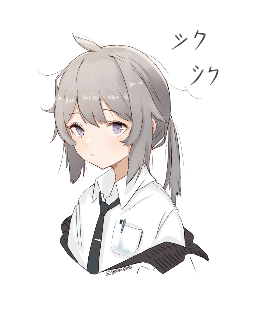 1girl, bangs, black_neckwear, closed_mouth, cropped_shoulders, girls_frontline, grey_hair, highres, jacket, long_hair, m200_(girls_frontline), nauwa, necktie, off_shoulder, pen, pocket, ponytail, shirt, sidelocks, simple_background, solo, tears, twitter_username, upper_teeth, violet_eyes, white_background, white_shirt