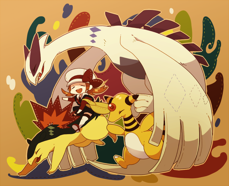 1girl, ampharos, bow, brown_eyes, brown_hair, cabbie_hat, closed_eyes, commentary_request