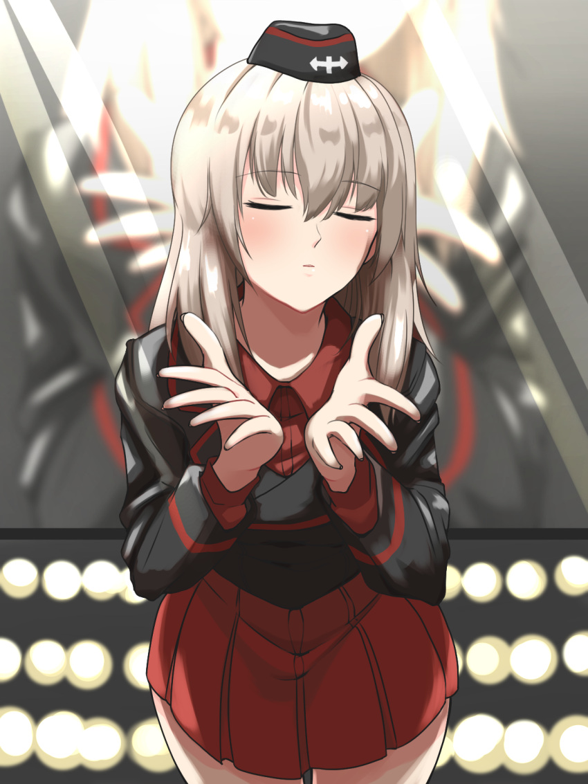 1girl, bangs, black_headwear, black_jacket, blurry, blurry_background, blush, closed_mouth